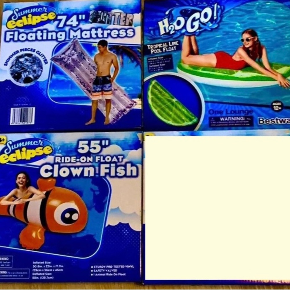 3 NIB pool floats- GLITTER silver, LIME slice, & NEMO